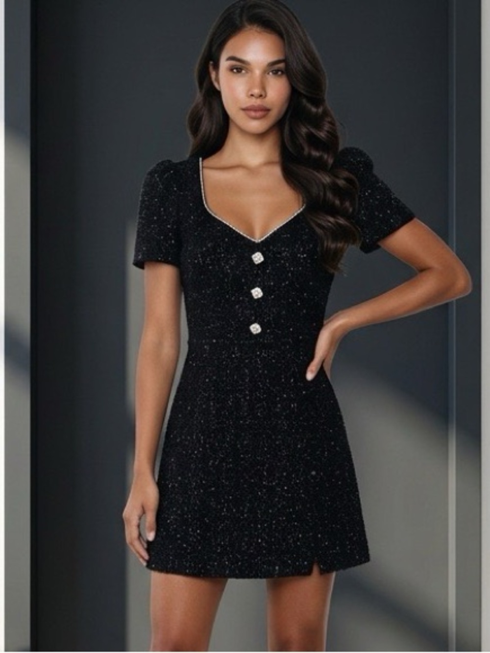 Francesca’s Black Sparkle Tweed Mini Dress Pearl Trim Fit & Flare Small
